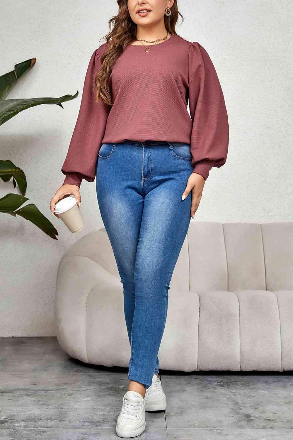 Plus Size Round Neck Puff Sleeve Top Blouses - Tophatter Daily Deals