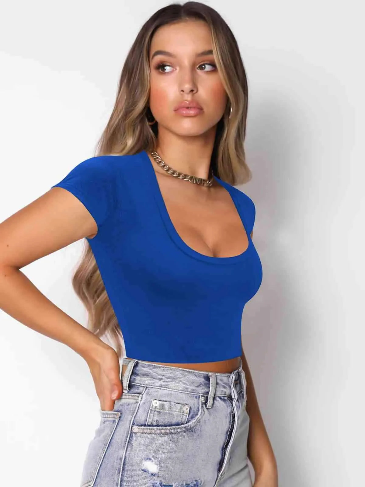 Square Neck Cropped T-Shirt Blouses - Tophatter Daily Deals