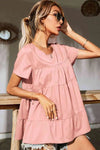Round Neck Short Sleeve Tiered Blouse Blouses - Tophatter Daily Deals
