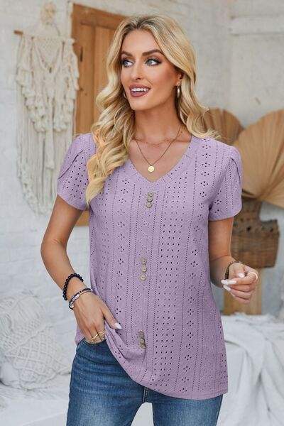 Decorative Button Eyelet V-Neck Short Sleeve T-Shirt Lavender Women's T-Shirts - Tophatter Daily Deals