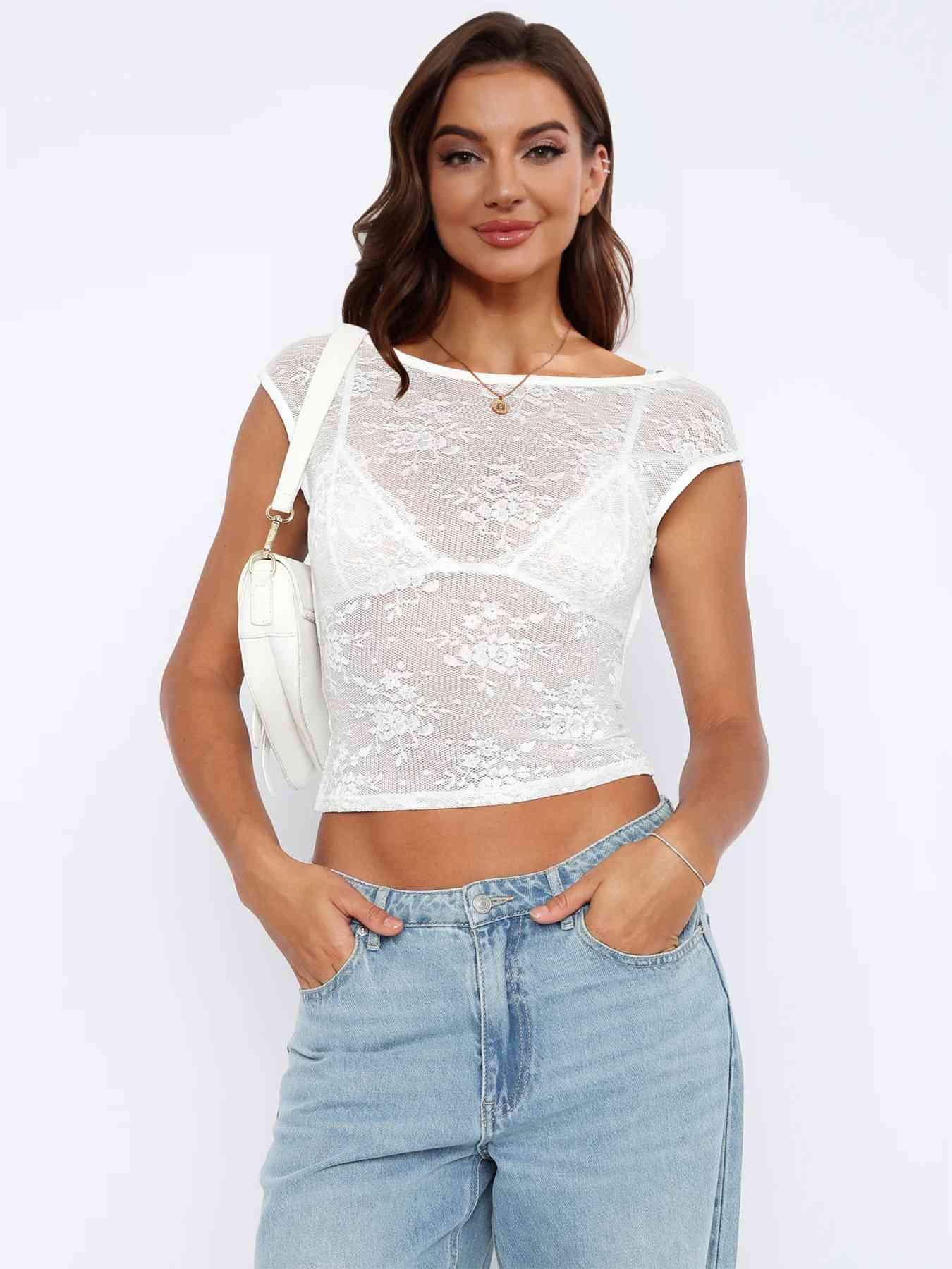 Backless Lace Cap Sleeve Top White Blouses - Tophatter Daily Deals