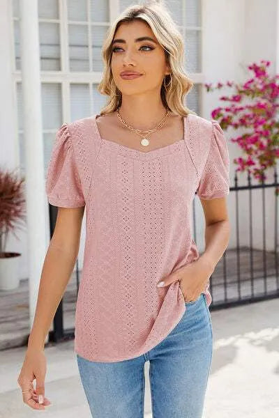 Eyelet Puff Sleeve T-Shirt Women's T-Shirts - Tophatter Daily Deals