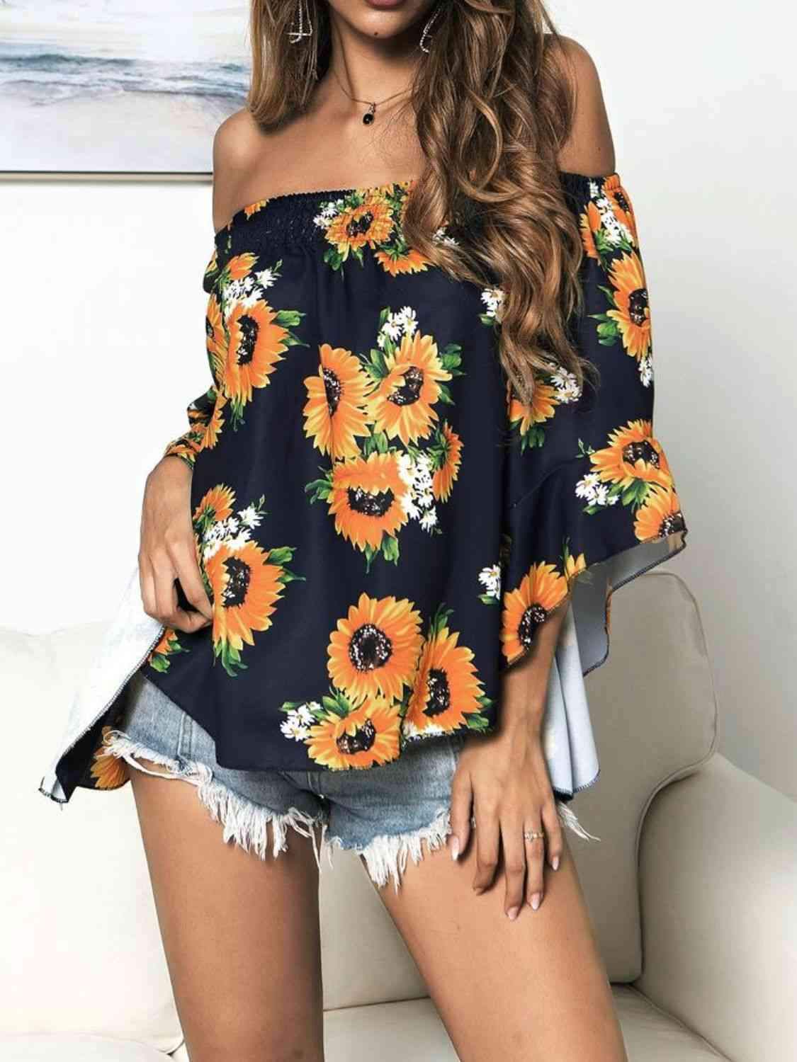 Floral Print Off-Shoulder Flounce Sleeve Blouse Blouses - Tophatter Daily Deals