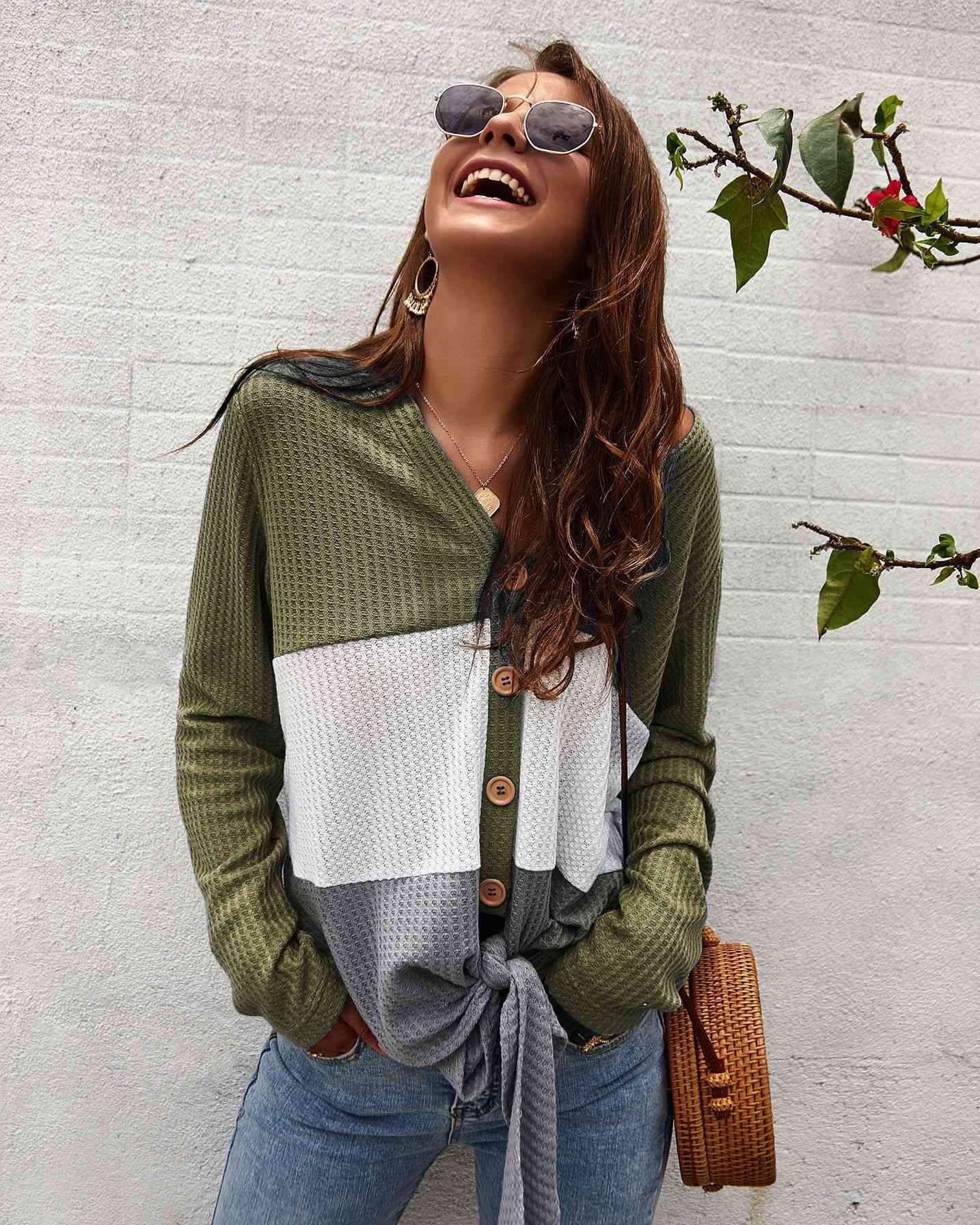 Color Block Waffle Knit V-Neck Top Green Blouses - Tophatter Daily Deals