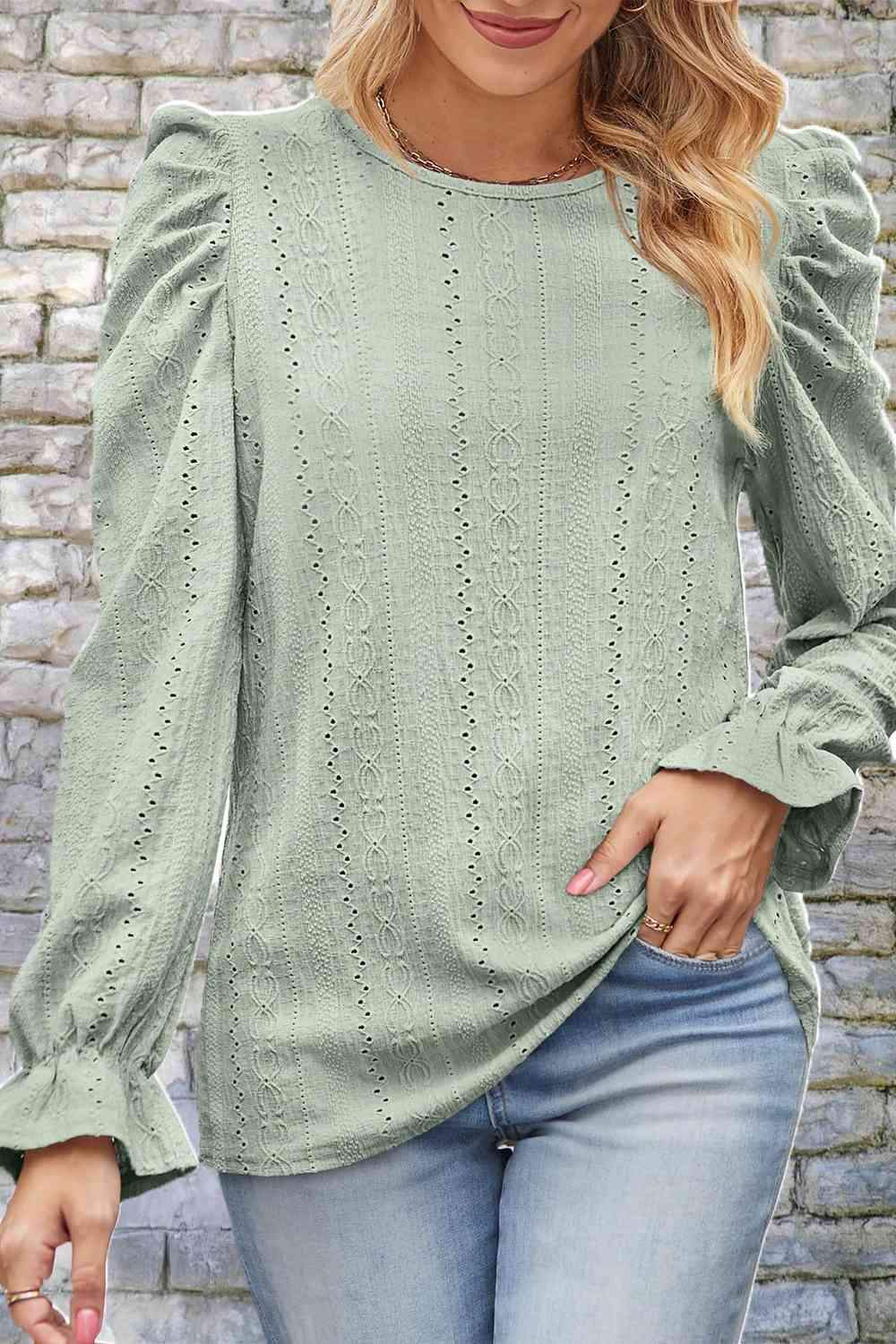 Round Neck Puff Sleeve Blouse Light Green Blouses - Tophatter Daily Deals