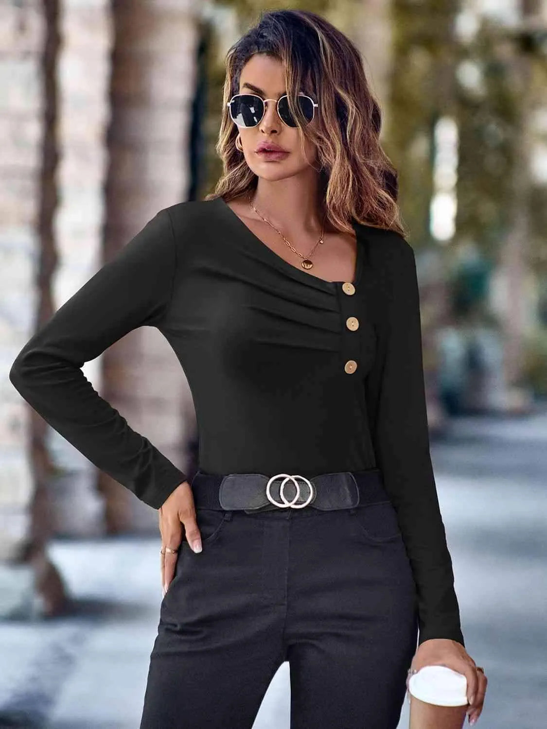 Buttoned Asymmetrical Neck Top Blouses - Tophatter Daily Deals