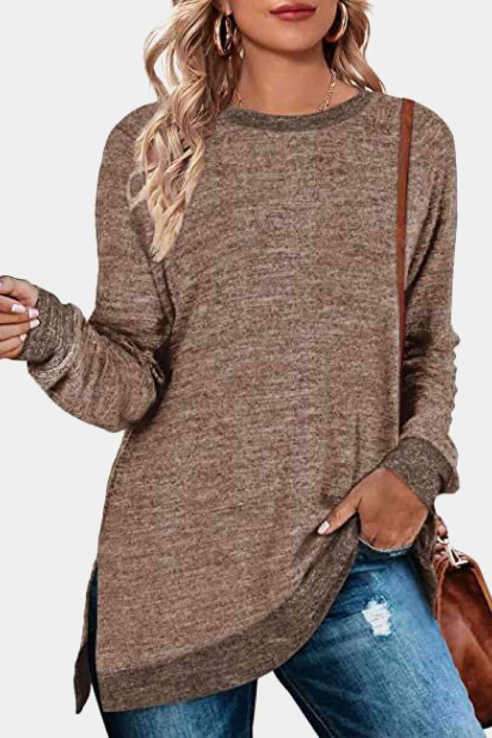 Round Neck Long Sleeve Slit T-Shirt Taupe Women's T-Shirts - Tophatter Daily Deals