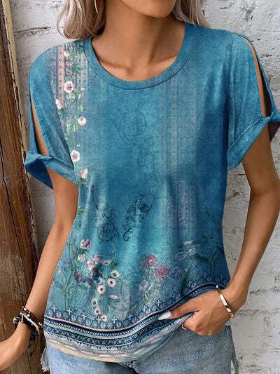 Printed Round Neck Short Sleeve T-Shirt Ultra marine Women's T-Shirts - Tophatter Daily Deals