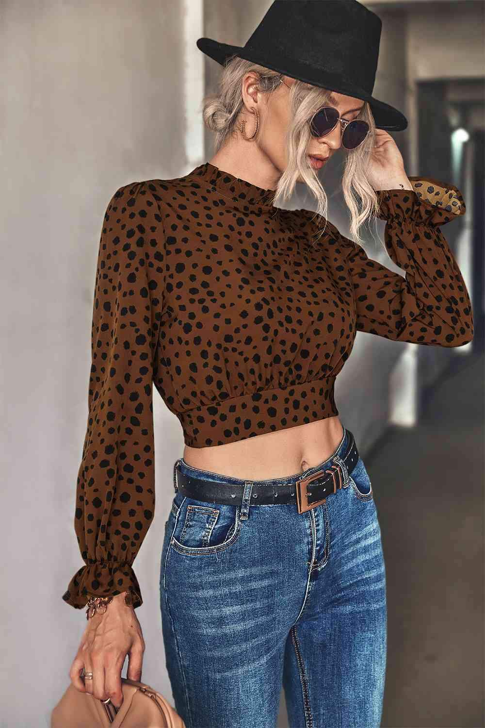 Animal Print Tie-Back Cropped Blouse Blouses - Tophatter Daily Deals