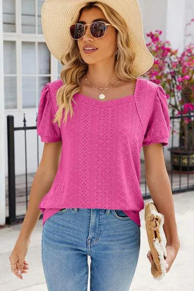 Eyelet Puff Sleeve T-Shirt Women's T-Shirts - Tophatter Daily Deals