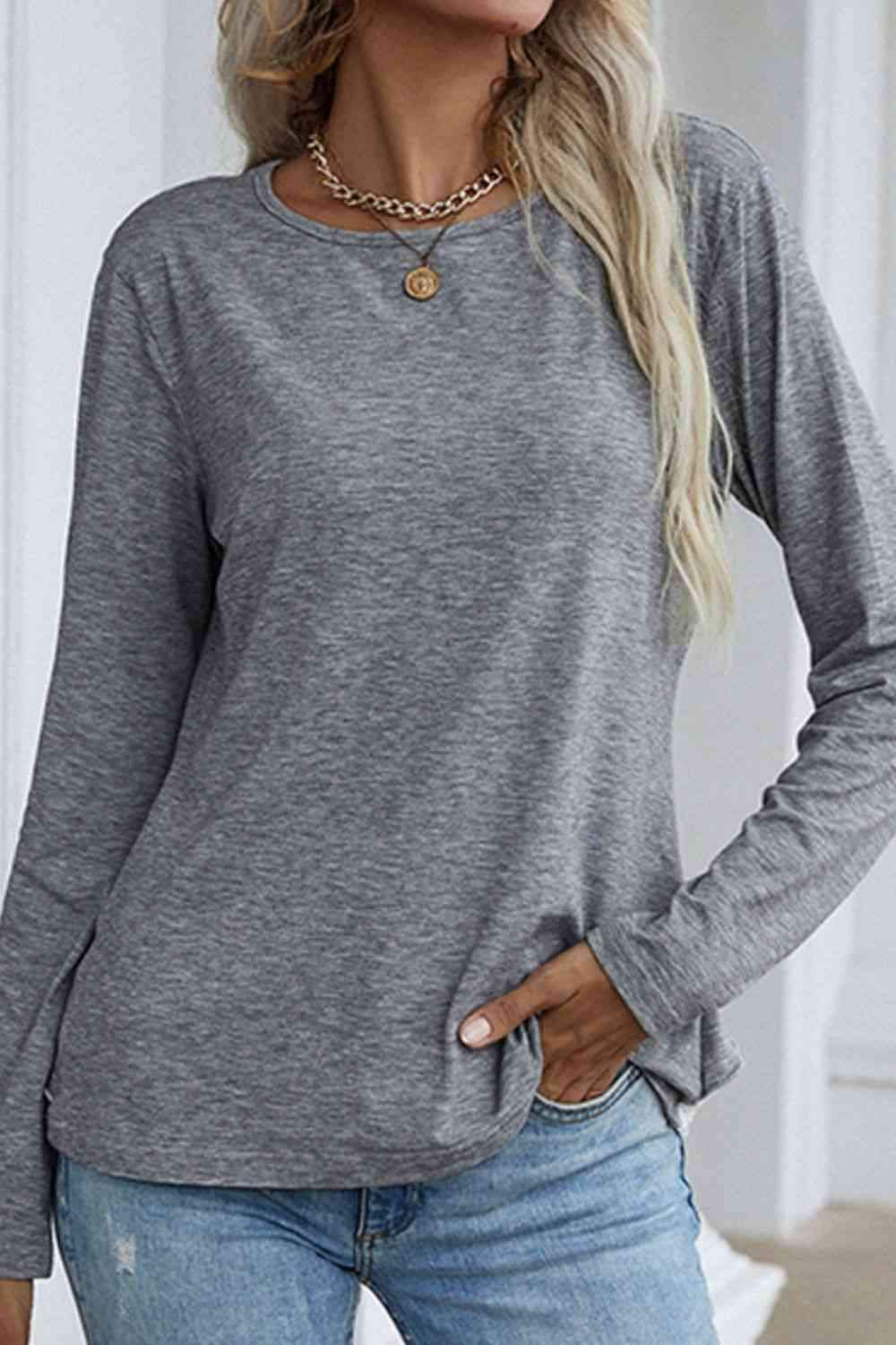 Spliced Lace Ruffled Long Sleeve Tee Mid Gray Women's T-Shirts - Tophatter Daily Deals