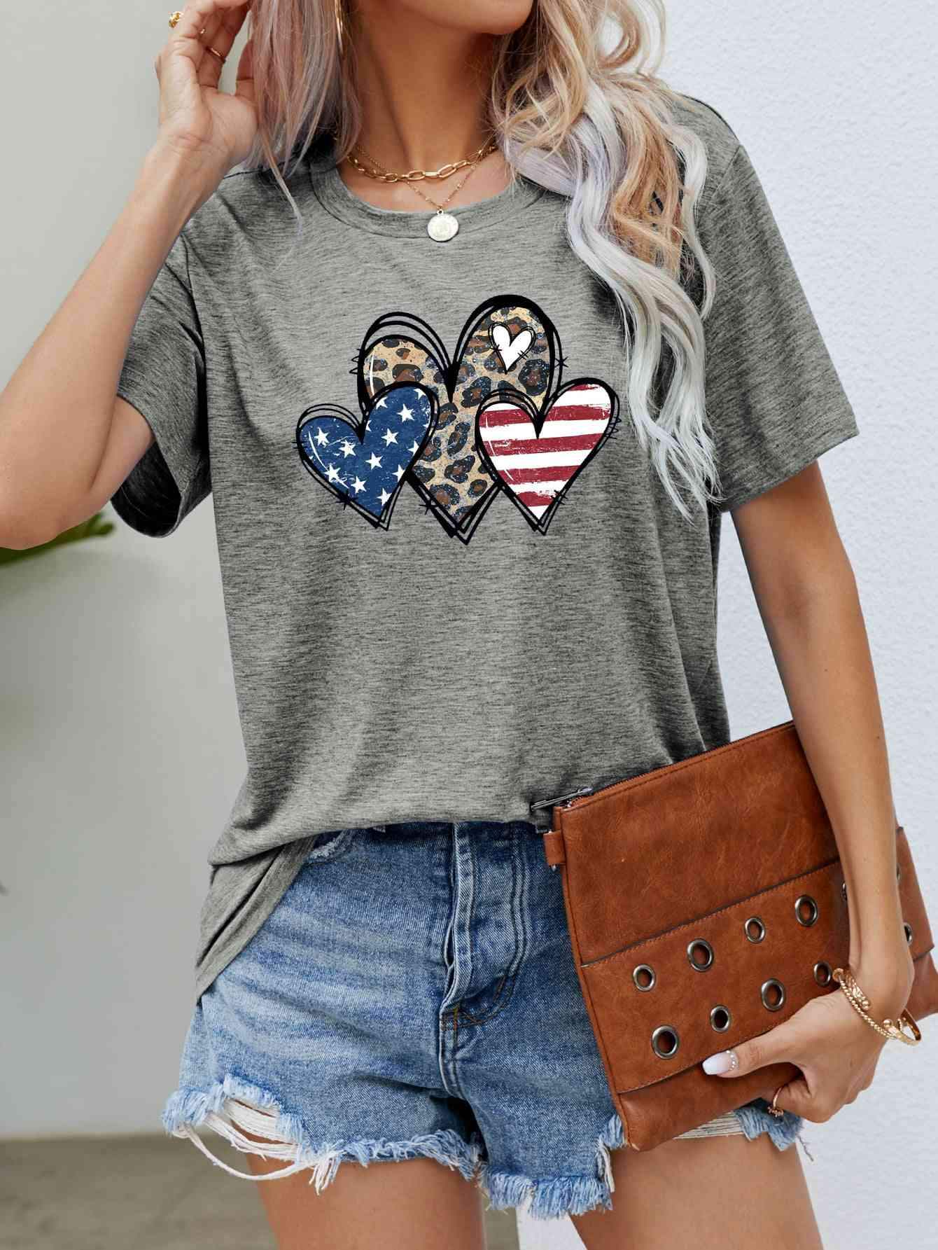 US Flag Leopard Heart Graphic Tee Mid Gray Women's T-Shirts - Tophatter Daily Deals