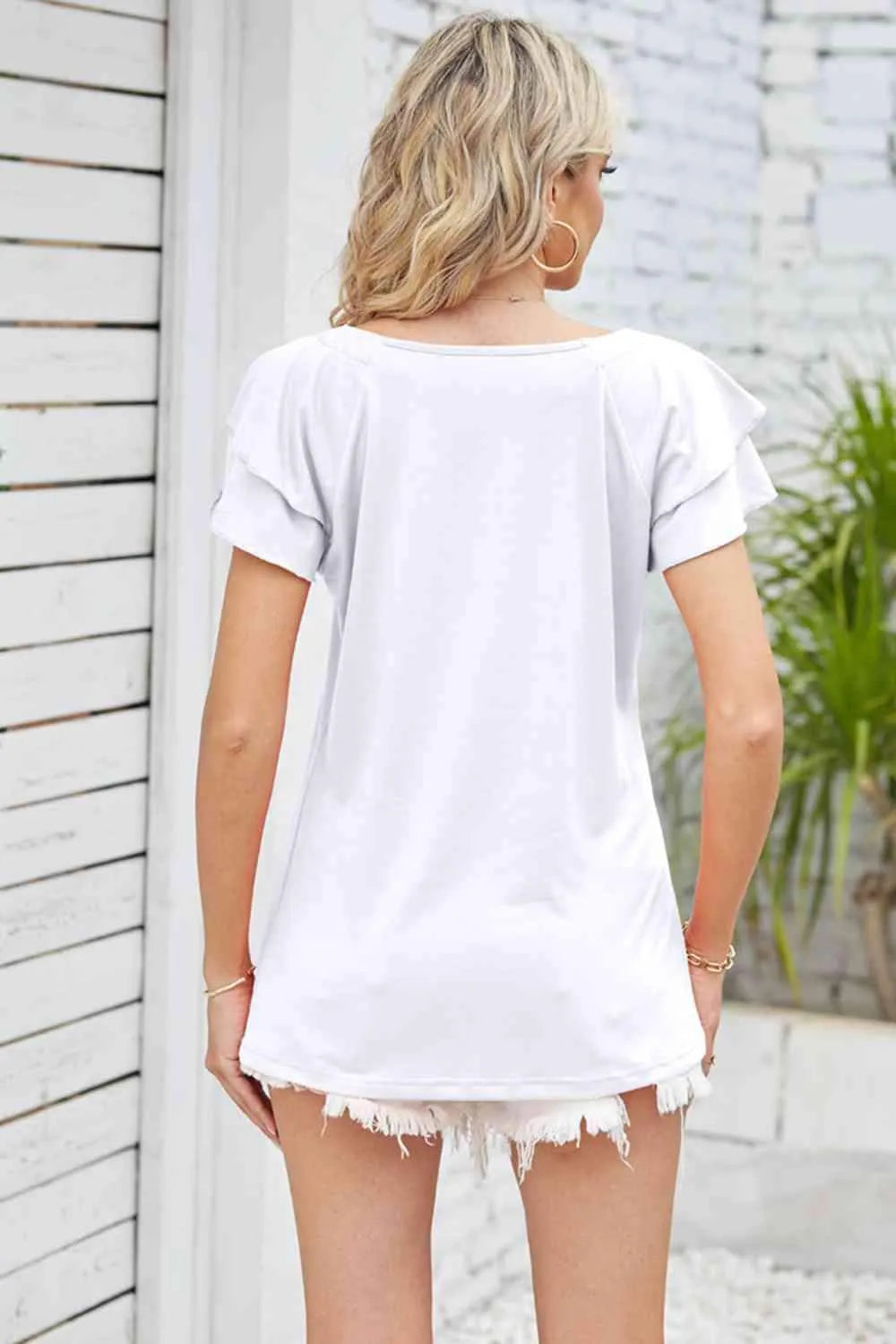 Square Neck Flutter Sleeve Top Blouses - Tophatter Daily Deals