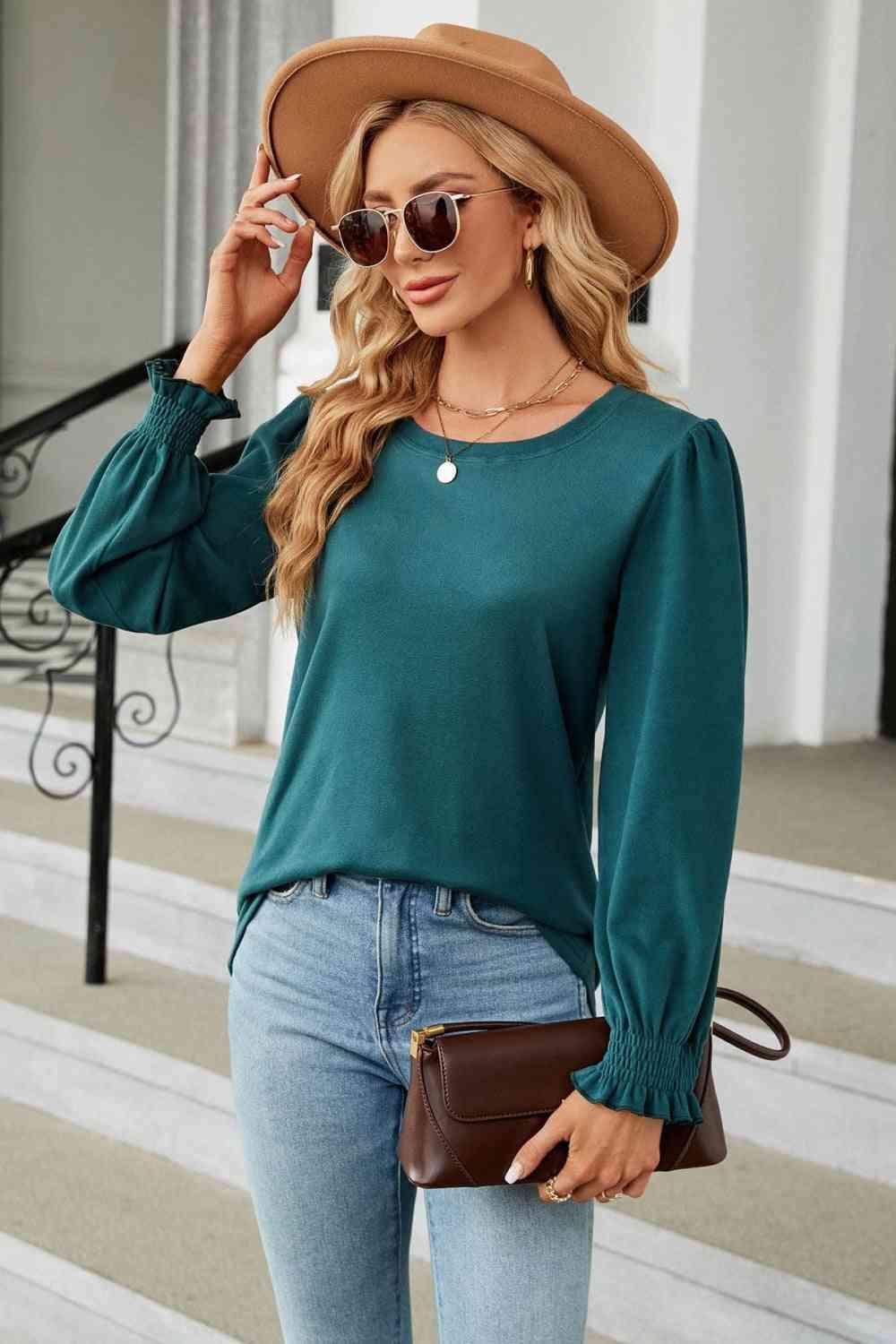 Round Neck Smocked Flounce Sleeve Blouse Deep Teal Blouses - Tophatter Daily Deals