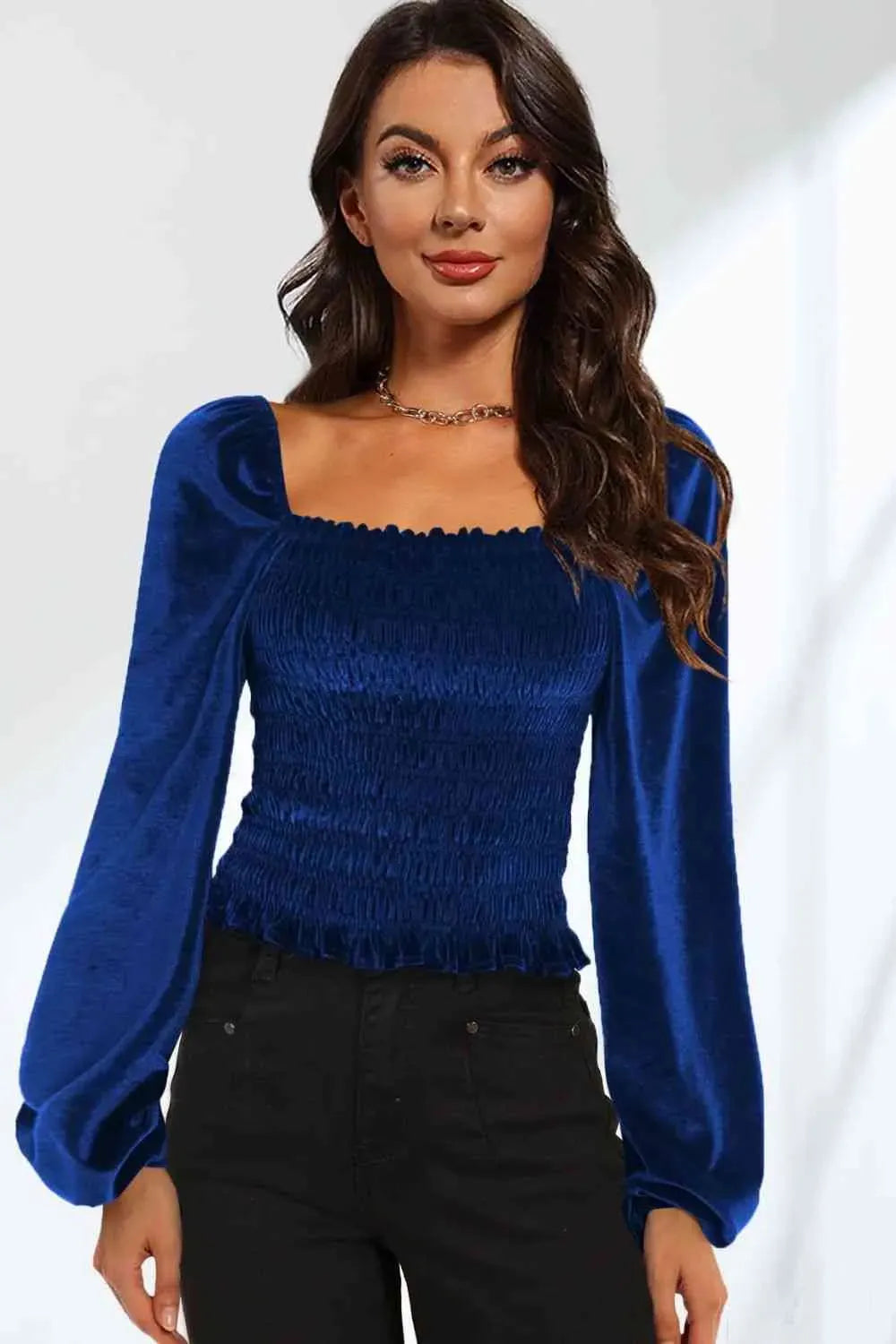 Double Take Smocked Square Neck Long Sleeve Blouse Navy Blouses - Tophatter Daily Deals