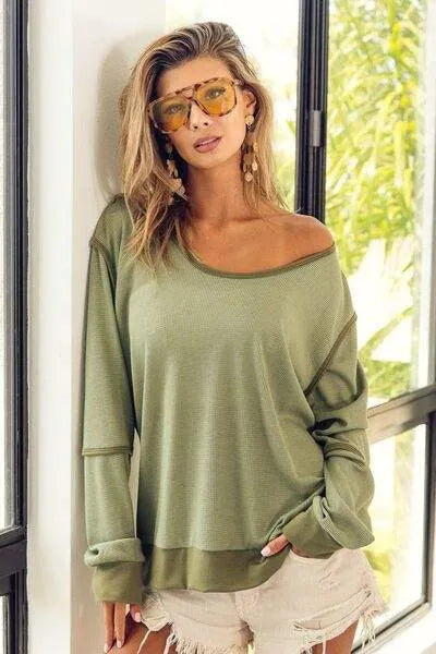 BiBi Waffle Knit Contrast Trim Long Sleeve T-Shirt Blouses - Tophatter Daily Deals