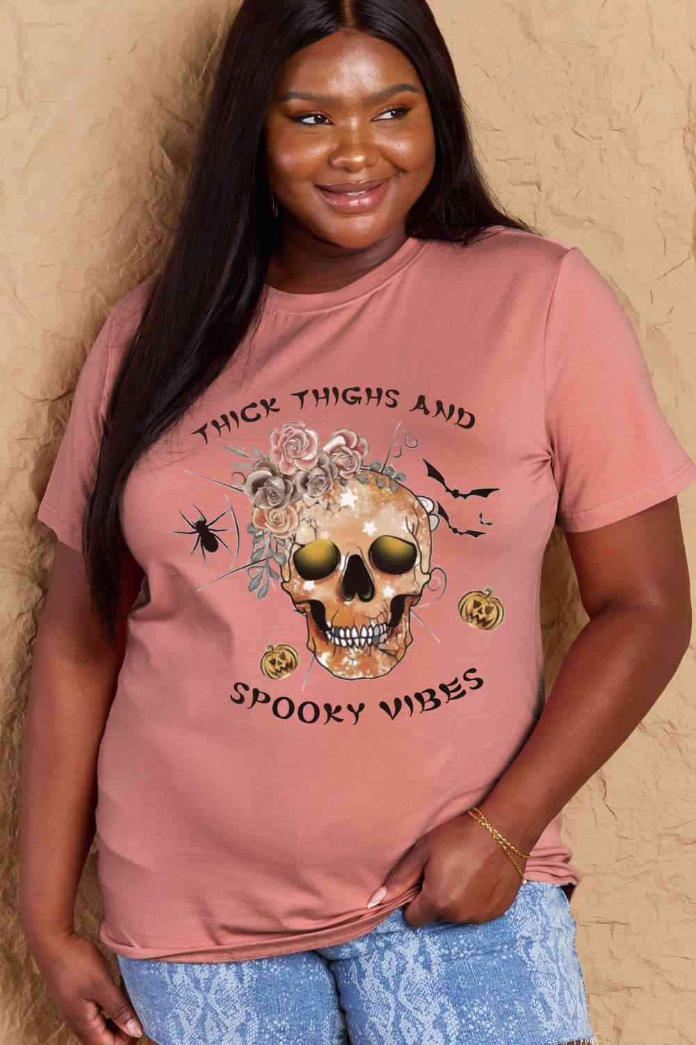 Simply Love Full Size THICK THIGHS AND SPOOKY VIBES Graphic Cotton T-Shirt Dusty Pink Women's T-Shirts - Tophatter Daily Deals