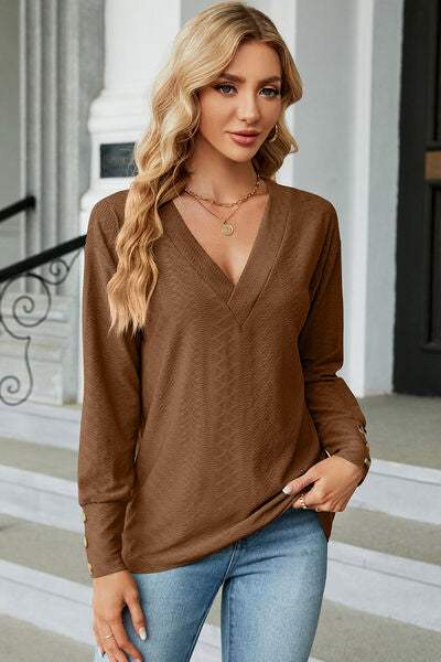 V-Neck Lantern Sleeve T-Shirt Coffee Brown Women's T-Shirts - Tophatter Daily Deals