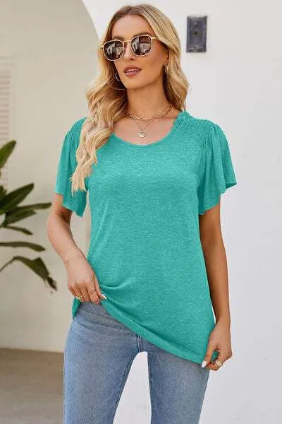 Smocked Round Neck Flutter Sleeve T-Shirt Women's T-Shirts - Tophatter Daily Deals
