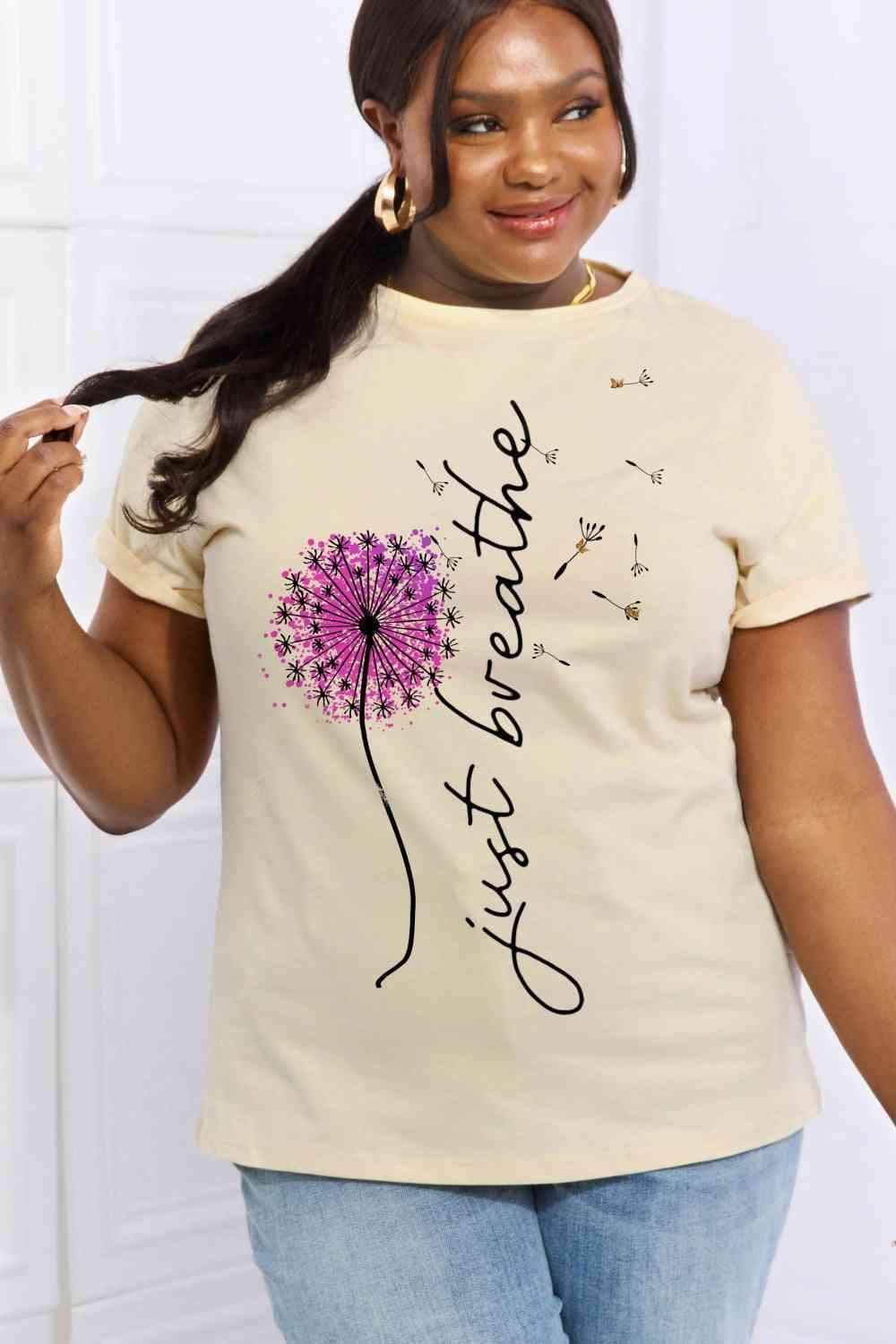 Simply Love Full Size JUST BREATHE Graphic Cotton Tee Women's T-Shirts - Tophatter Daily Deals