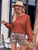 Round Neck Long Sleeve Top Brick Red Blouses - Tophatter Daily Deals
