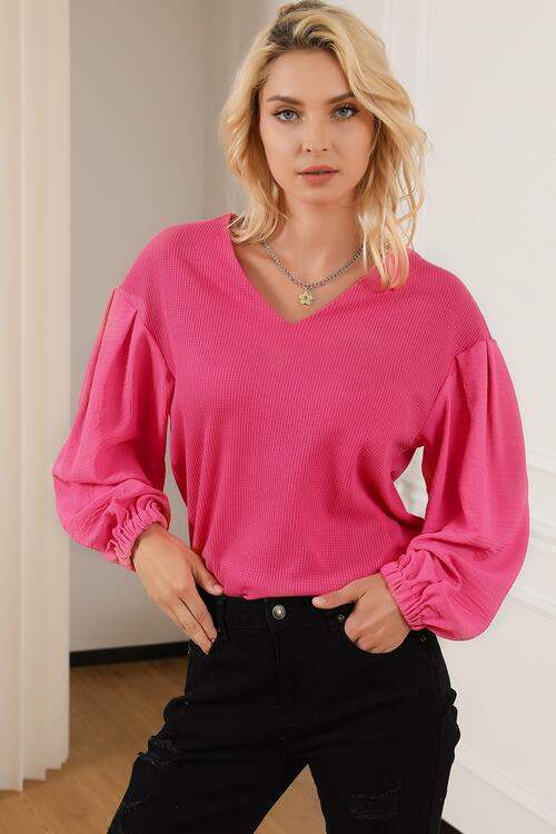 Waffle -Knit V-Neck Long Sleeve Blouse Hot Pink Blouses - Tophatter Daily Deals