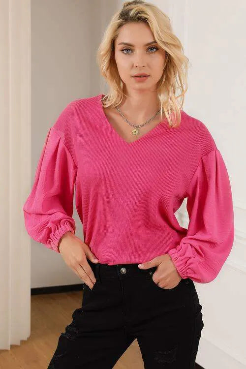Waffle -Knit V-Neck Long Sleeve Blouse Hot Pink Blouses - Tophatter Daily Deals