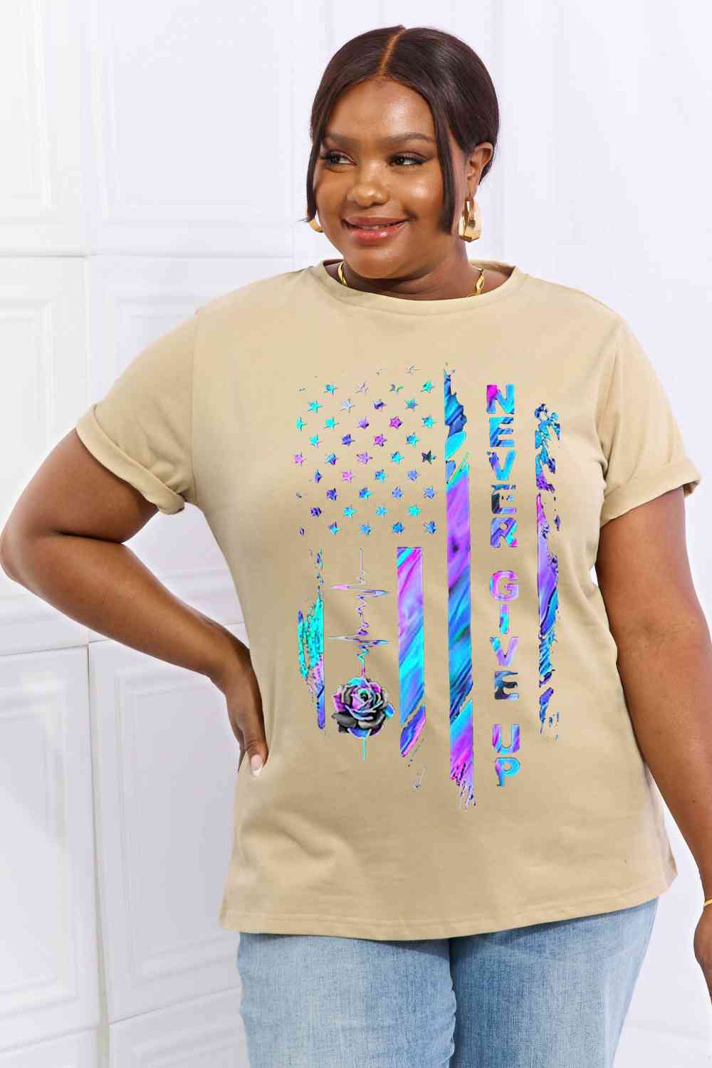 Simply Love Simply Love Full Size NEVER GIVE UP Graphic Cotton Tee Women's T-Shirts - Tophatter Daily Deals