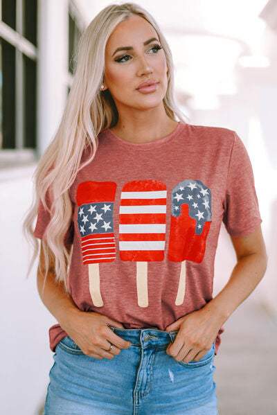 US Flag Round Neck Short Sleeve T-Shirt Burnt Coral Women's T-Shirts - Tophatter Daily Deals