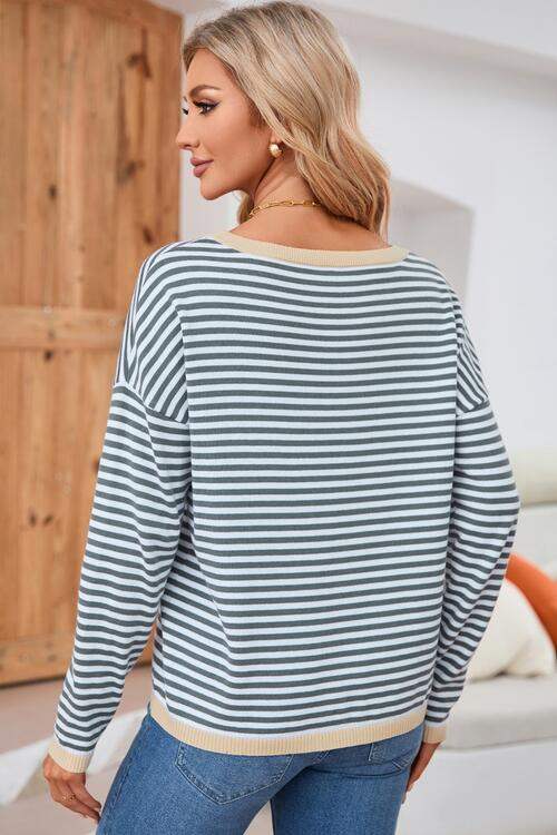 Striped Round Neck Drop Shoulder T-Shirt Blouses - Tophatter Daily Deals