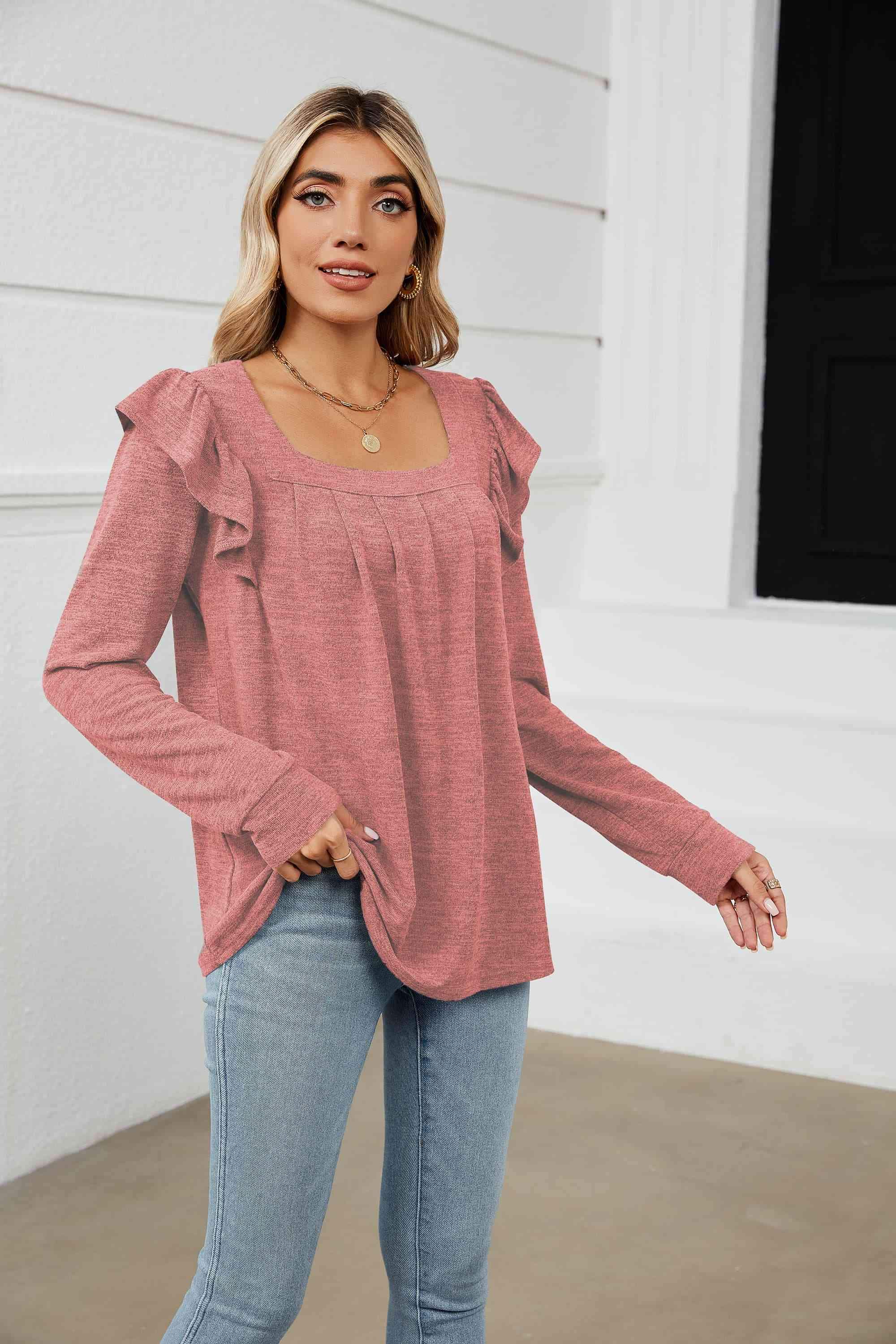 Square Neck Ruffle Shoulder Long Sleeve T-Shirt Women's T-Shirts - Tophatter Daily Deals