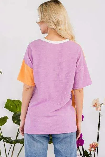 Celeste Full Size Color Block Short Sleeve T-Shirt Blouses - Tophatter Daily Deals