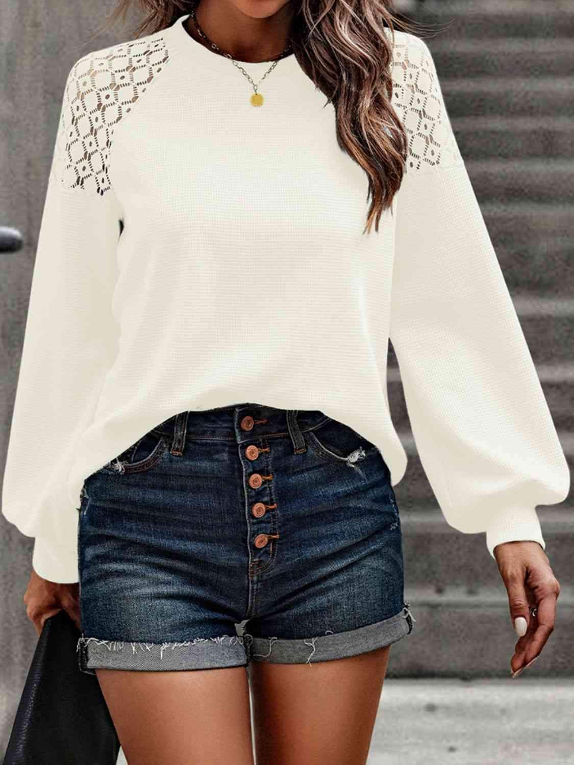 Lantern Sleeve Round Neck Blouse Ivory Blouses - Tophatter Daily Deals