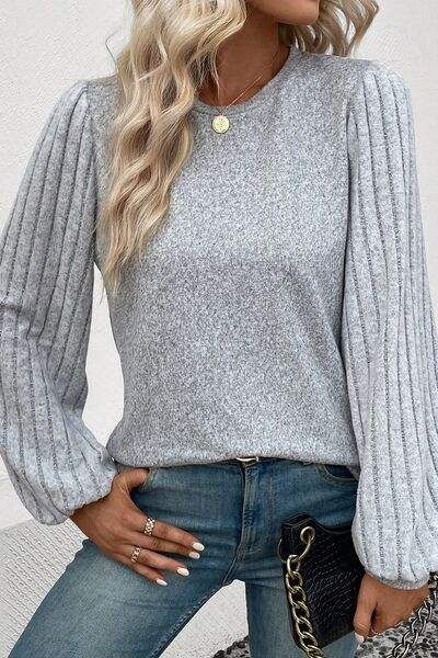 Ribbed Round Neck Long Sleeve Knit Top Blouses - Tophatter Daily Deals