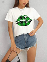 Plaid Lip Graphic Round Neck T-Shirt Women's T-Shirts - Tophatter Daily Deals