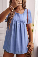 Quarter-Button Round Neck Short Sleeve Top Blouses - Tophatter Daily Deals