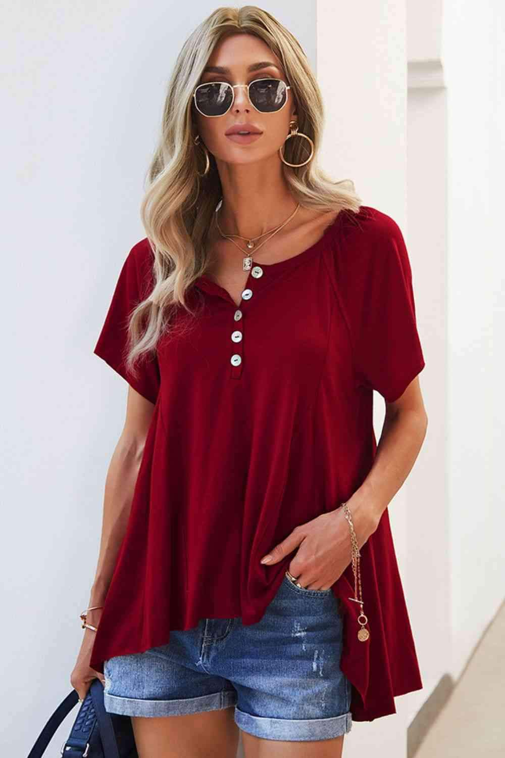 Quarter-Button Round Neck Puff Sleeve Top Blouses - Tophatter Daily Deals