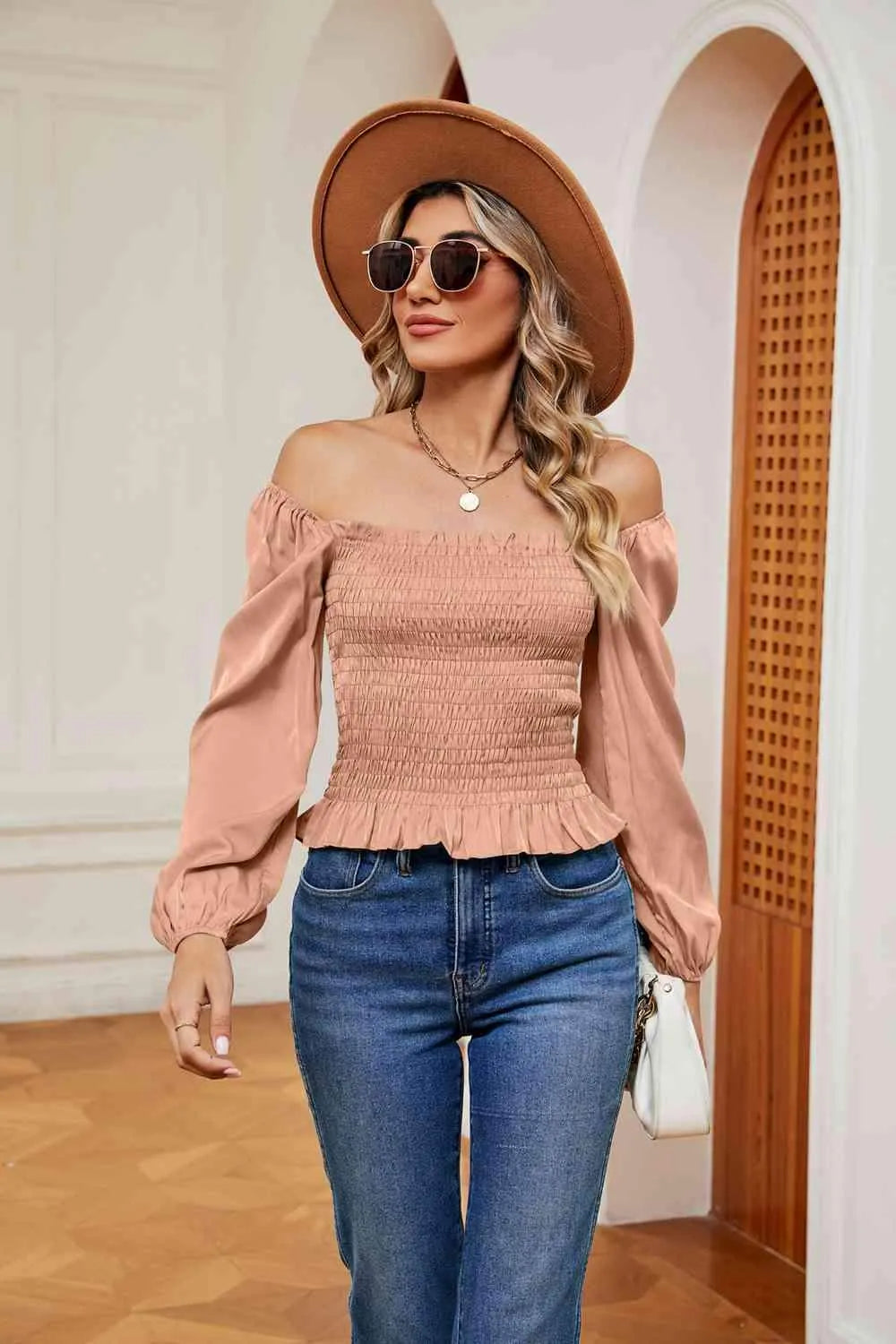 Smocked Off-Shoulder Ruffle Hem Blouse Blouses - Tophatter Daily Deals