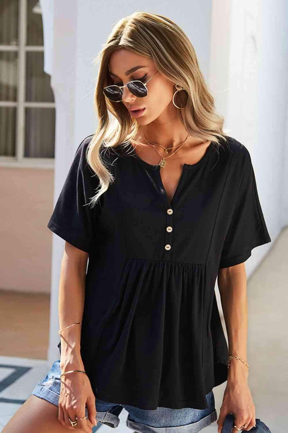 Double Take Buttoned Notched Neck Short Sleeve Top Blouses - Tophatter Daily Deals