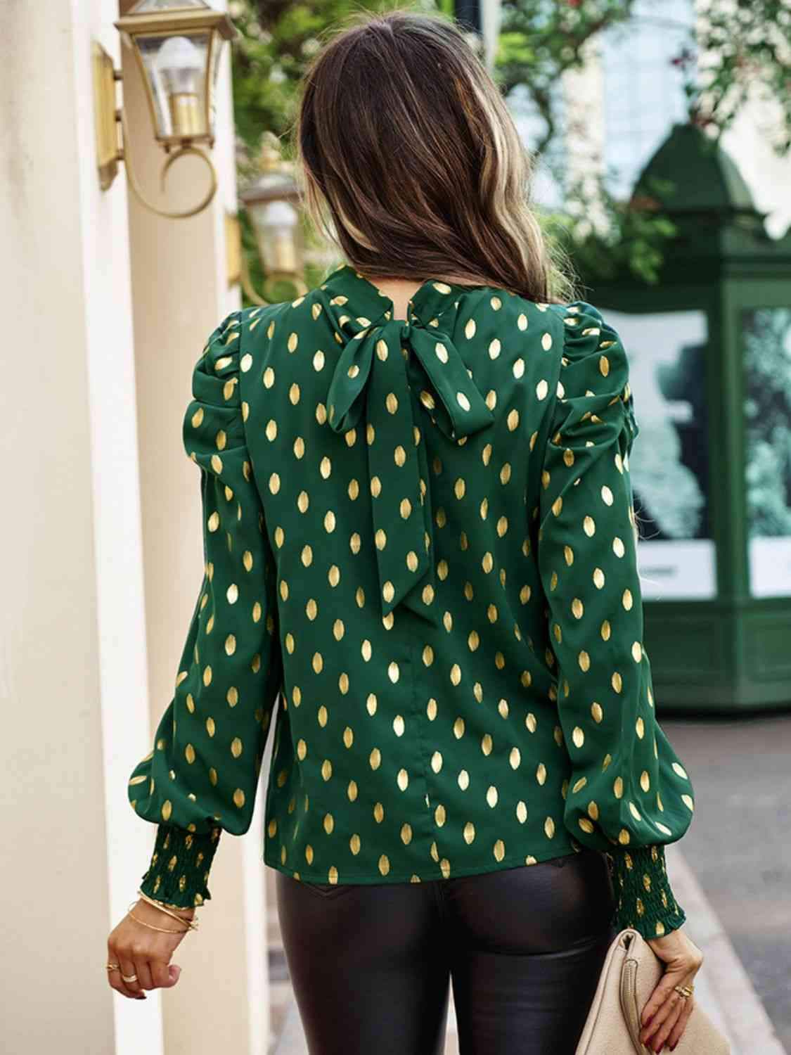 Printed Mock Neck Lantern Sleeve Blouse Blouses - Tophatter Daily Deals