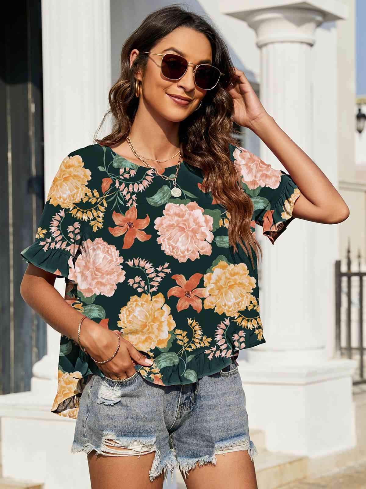 Floral Ruffled Flounce Sleeve Blouse Teal Blouses - Tophatter Daily Deals