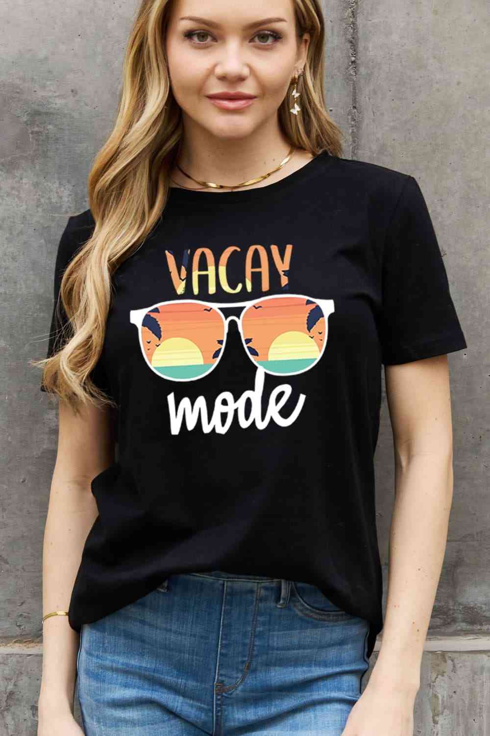 Simply Love Full Size VACAY MODE Graphic Cotton Tee Black Women's T-Shirts - Tophatter Daily Deals