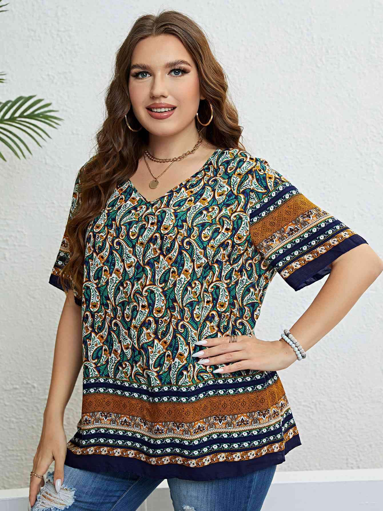 Bohemian Printed V-Neck Blouse Blouses - Tophatter Daily Deals