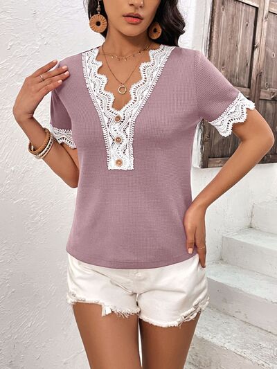 Lace Detail V-Neck Short Sleeve T-Shirt Lilac Women's T-Shirts - Tophatter Daily Deals