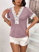 Lace Detail V-Neck Short Sleeve T-Shirt Lilac Women's T-Shirts - Tophatter Daily Deals