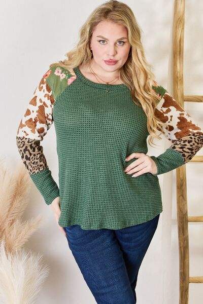 Hailey & Co Full Size Waffle-Knit Leopard Blouse Blouses - Tophatter Daily Deals