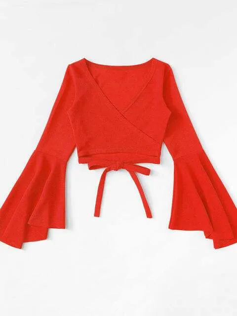 Tied Flare Sleeve Top Blouses - Tophatter Daily Deals