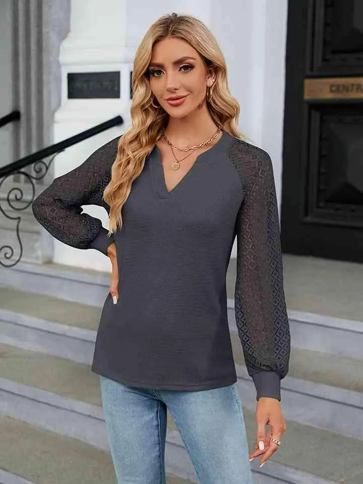 Notched Neck Raglan Sleeve Blouse Blouses - Tophatter Daily Deals