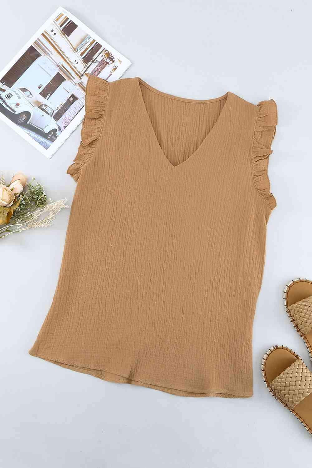 Ruffle Shoulder V-Neck Top Camel Blouses - Tophatter Daily Deals