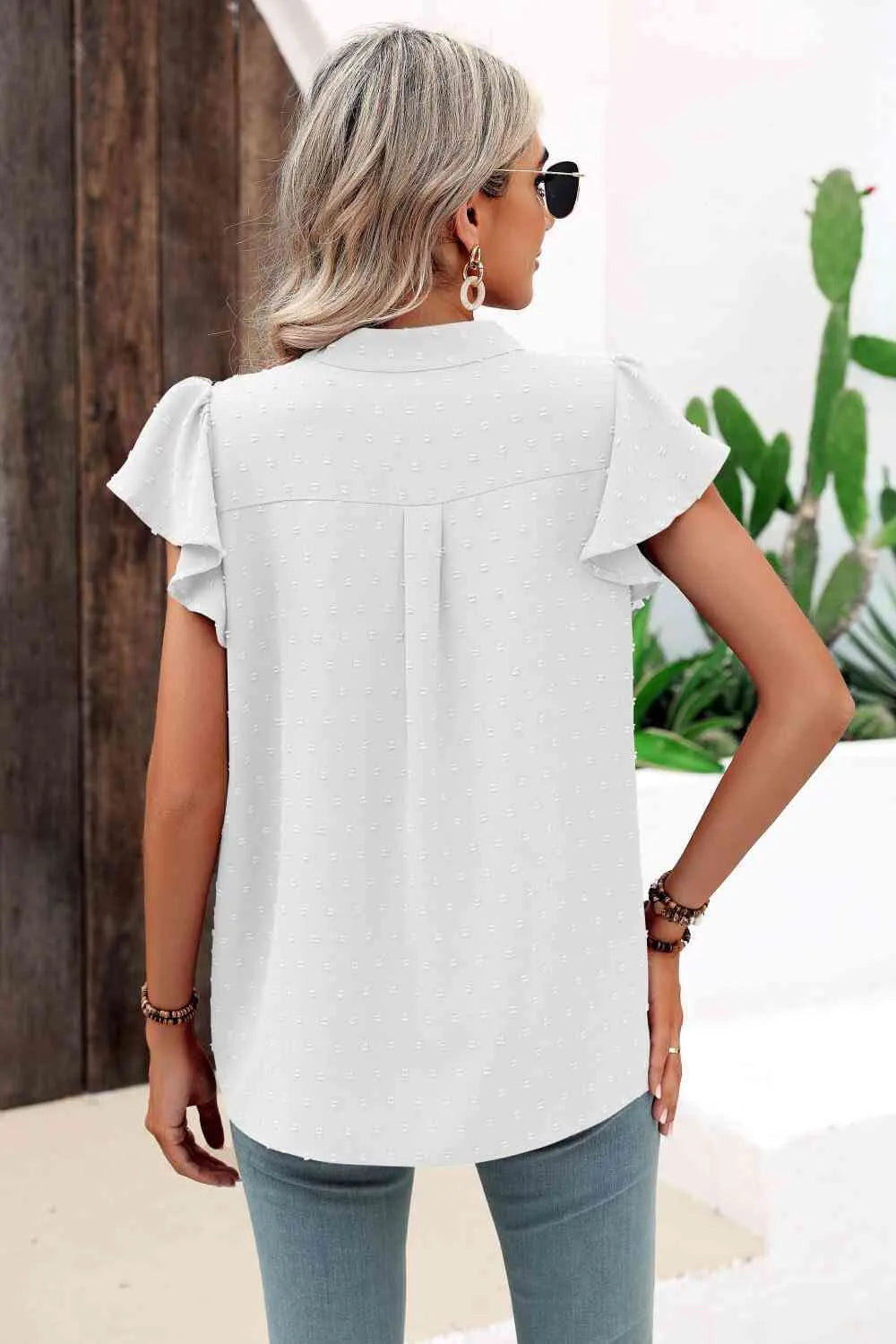 Swiss Dot Flutter Sleeve Notched Neck Blouse Blouses - Tophatter Daily Deals